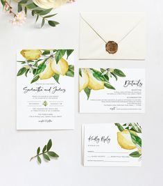 wedding stationery with lemons and greenery on the front, yellow flowers in the back