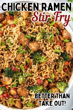 chicken ramen stir fry in a white bowl with broccoli and other vegetables