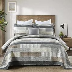 DUOHONG Quilts King Size, King Quilt Bedding Set Bedspread, 100% Cotton Patchwork Quilt for King Bed, 3 Pieces Plaid Farmhouse Reversible Lightweight Comforter Bed Spread, Grey/Tan/Black