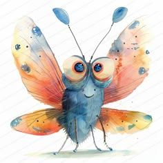 a watercolor painting of a bug with big eyes and wings, on a white background