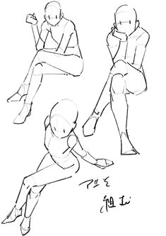 three sketches of people sitting and standing in different positions