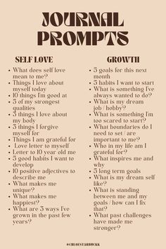 Journaling Ideas For Self Growth, Growth Writing Prompts, Daily Journal Prompts For Self Improvement, Writing Prompts For Overthinking, Journal Prompts For Bettering Yourself, Self Gratitude Journal, Motivating Journal Prompts, Journal Promos For Self Love, Journal Ideas For Self Love