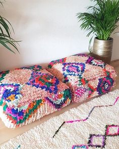 two rugs sitting on the floor next to a potted plant and some plants