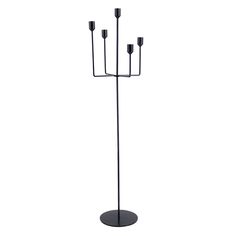 a black metal candelabra with five candles on it's sides and one candle holder in the middle