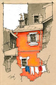 a drawing of an orange building with clothes hanging out to dry on the windows and below