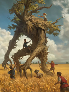 three children are climbing up the side of a large tree in a wheat field, while another child is standing on top of it