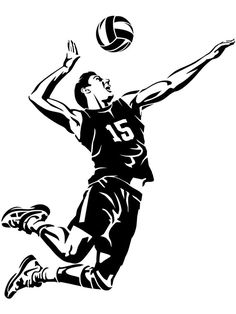 a black and white drawing of a basketball player jumping to hit the ball with his racket