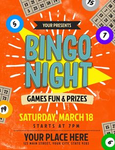 a flyer for a game night with lots of numbers on the front and sides, as well as an orange background