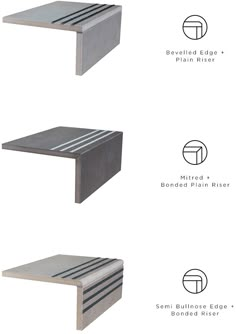 three different types of concrete shelves with the names above them and below each shelf, there is