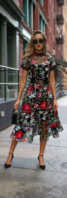 TREND MEMO: Fall Florals // Floral print embroidered midi dress, leather waist belt, ankle strap pumps, mini shoulder bag, cat eye sunglasses, pearl drop earrings {Anthropologie, Gucci, Sam Edelman, Marc Jacobs, fall winter 2017 trends, fall trends, fash 2017 Trends, Walking Down The Street, Fall Florals, Outfit Chic, Dress Leather, Embroidered Midi Dress, Mode Casual, Strap Pumps