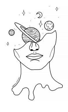 a line drawing of a woman's face with planets and stars in the background