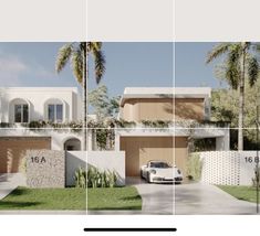 a white car parked in front of a house with palm trees on the other side