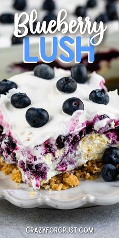 a blueberry lush dessert on a white plate with the title overlay reads, blueberry lush