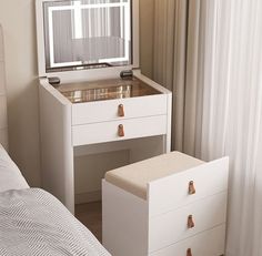 a bedroom with a bed, dresser and mirror on the wall next to it's window