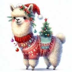 a llama wearing a christmas sweater with a tree on it's back, standing in front of a white background