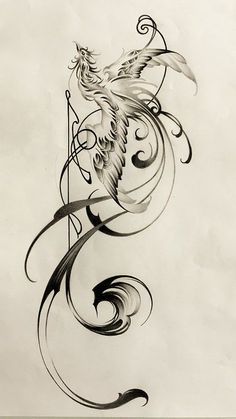 a drawing of a bird with swirls on it