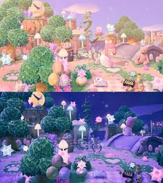 two different views of the same area in animal crossing, one with stars and mushrooms on it