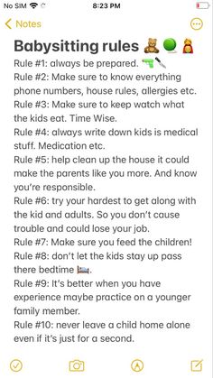 the babysitting rules page on an iphone