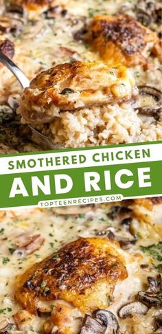 chicken and rice casserole is shown with the words, smothered chicken and rice