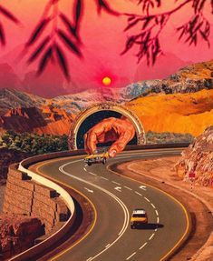 a car driving through a tunnel with mountains in the back ground and trees on either side