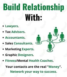 a poster with the words build relationships with people and arrows in green on it