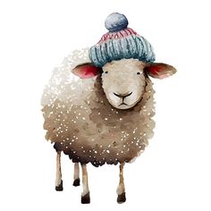 a watercolor painting of a sheep wearing a knitted hat