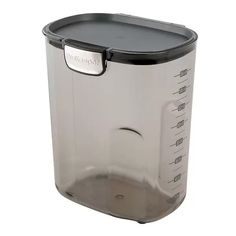 a stainless steel trash can with black lid and plastic liner on the bottom, shown against a white background