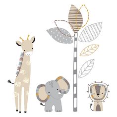 an elephant, giraffe and zebra standing in front of a tall tree with leaves