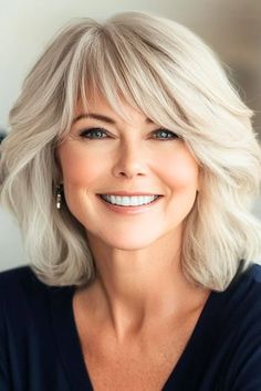 Medium Haircuts With Wispy Bangs, Clavicle Length Hair With Bangs, Layered Hairstyles For Medium Hair With Bangs, Hairstyles With Bangs For Fine Hair, Marie Osmond Hairstyles Bangs, Womens Medium Length Hairstyles Over 60, Jennifer Aniston Rachel Haircut, Medium Feathered Haircuts With Bangs, Style Free Haircuts