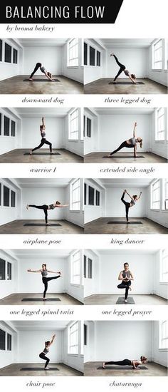 a series of photos showing different poses for the woman to do yoga in front of a window