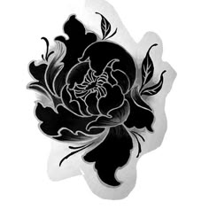 a black and white drawing of a flower with leaves on it's back side