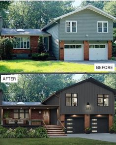 before and after pictures of a house in the suburbs, with two garages on each side