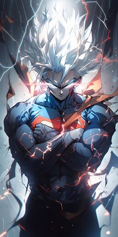 an anime character with his arms crossed and lightning in the background