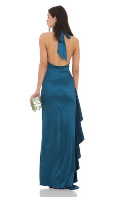 Satin Plunge Neck Halter Maxi Dress in Peacock Blue | LUCY IN THE SKY Beachy Prom Dress, Prom Dresses Halter Top, Sapphire Dress, Prom Dress Inspo, Halter Prom Dresses, V Dress, Halter Neck Maxi Dress, Halter Maxi Dress, Halter Maxi