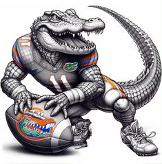 a drawing of a crocodile holding a football