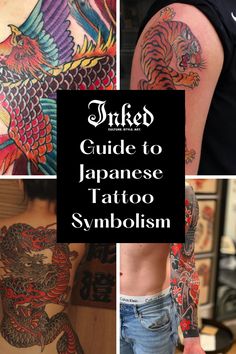 japanese tattoo symbols and designs on the back of a man's body, including an eagle