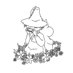 a drawing of a wizard with flowers in the foreground and a hat on his head