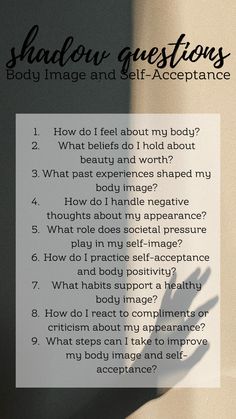 Shadow Work Prompts Body Image, How To Practice Shadow Work, Shadow Work Ideas, Shadow Work For Body Image, Self Worth Questions, Shadow Work Body Image, Shadow Work Journal Prompts Self Worth, Shadow Work For Confidence, Self Worth Shadow Work