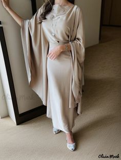 Olivia Mark - Loose-Fit, Sensual, V-Neck, High-Waisted Gown Cocktail Dress Cute Hijab Outfits, Arab Clothing, Champagne Satin Dress, Gown Dress Design, Clothes Modest, Christian Modesty, Islamic Modest Fashion, Conservative Dresses, Fall Outfits Inspiration