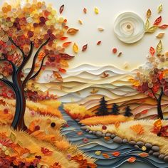 this is an image of a painting with autumn leaves on the ground and trees in the background