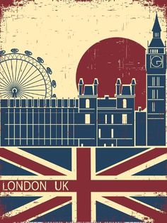 an old poster with the british flag and big ben clock tower in london, england