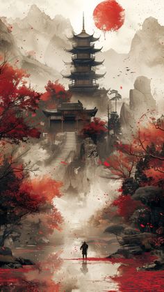 a man standing in front of a tall pagoda surrounded by red trees and water with birds flying around