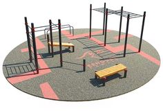 a playground with benches and climbing bars