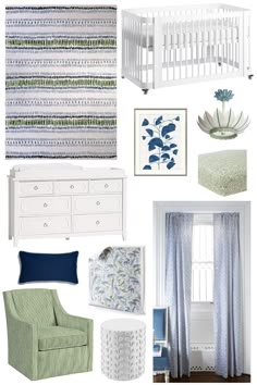 a baby's room with blue and green accents, including a white crib