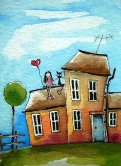 a painting of a house with two cats on the roof and a heart balloon in the air