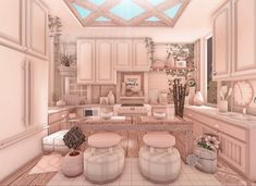 the interior of a living room and kitchen in pastel pink tones with white furniture