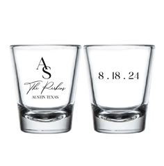 two shot glasses with the names and date on them