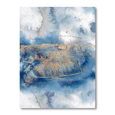 an abstract painting with blue and gold paint on the canvas, it looks like watercolor