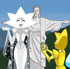 an animated image of the statue of christ and two other people