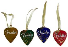 four guitar picks with the words fenderer on them hanging from ribbons in different colors